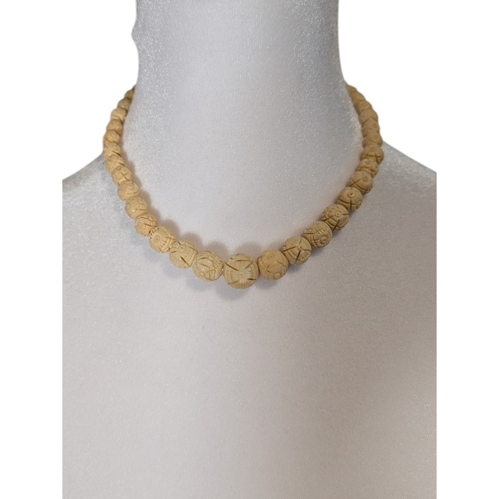Vintage Celluloid Carved Bead Necklace‎ Upcycled Cream Floral Graduated 17 Inch